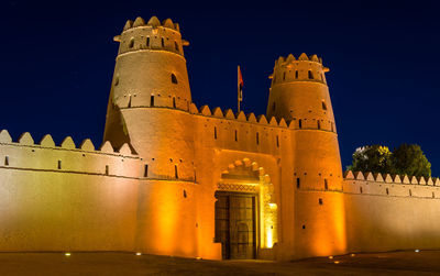 Low angle view of historical building against sky at night