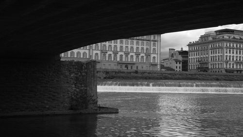 Bridge over river against buildings in city