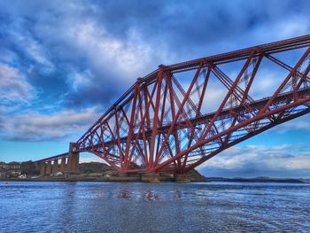 Low angle view of bridge over river against cloudy sky