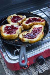 Toast with jelly on cast iron skillet