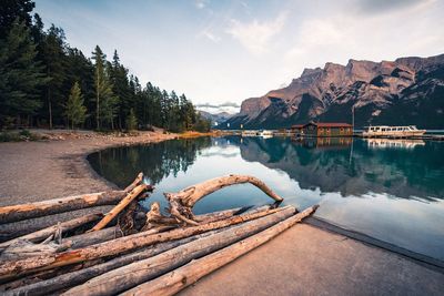 Scenic view of lake by mountains against sky