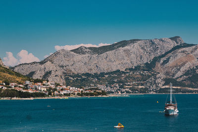 Scenic view of sea against clear blue sky