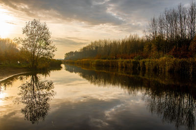 Scenic view of lake against sky at sunset