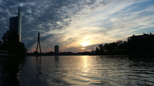 Silhouette buildings by river against sky during sunset