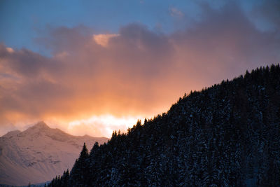 Scenic view of snowcapped mountains against sky during sunset