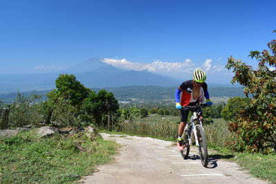 Rear view of man riding bicycle on road