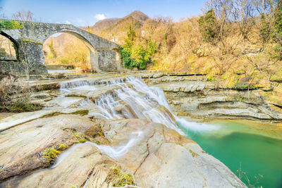 Arch bridge over river against trees