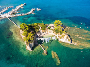 Aerial view of harbor at sea