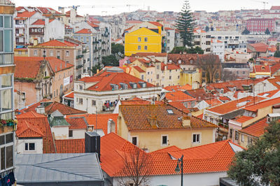 High angle view of houses in city