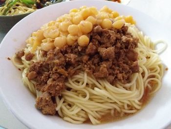 Close-up of noodles served in plate