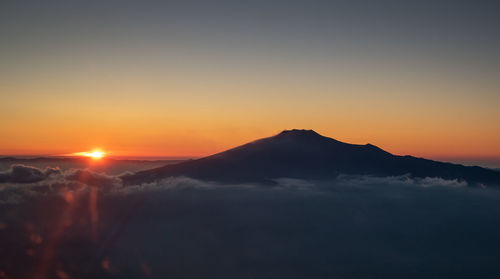 Scenic view of mountains against sky during sunset