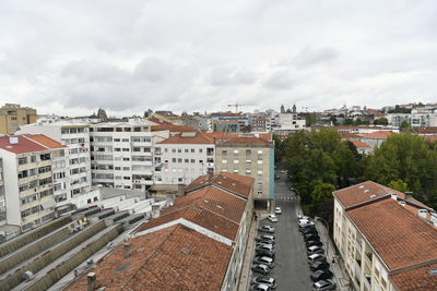 High angle view of buildings in city against sky