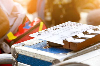 Close up of film slate on box