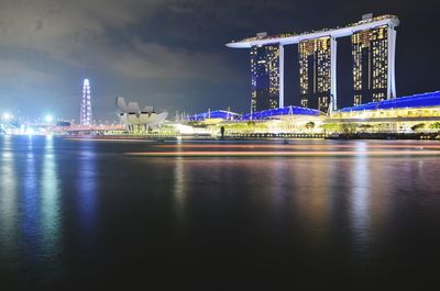 Illuminated city buildings at night