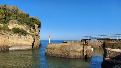Panoramic view of sea against clear blue sky