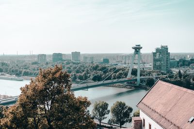 High angle view of river and buildings against sky