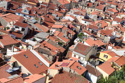 High angle view of houses in city