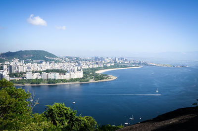 High angle view of cityscape by sea against sky