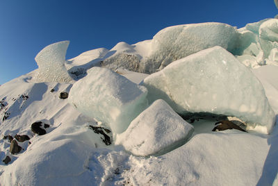 Snowcapped mountains against clear blue sky