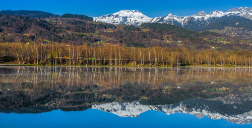 Snow covered mountains reflecting on calm lake