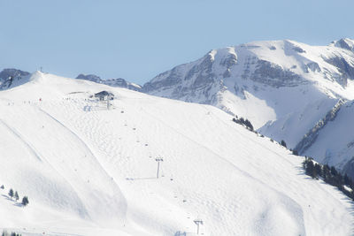 Scenic view of snow covered mountains against sky