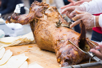 Close-up of hand holding meat