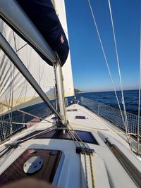 Sailboat sailing in sea against sky