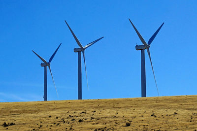 Low angle view of wind turbines on field against clear blue sky