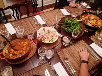 High angle view of meal served in restaurant