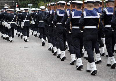 Rear view of soldiers in military parade