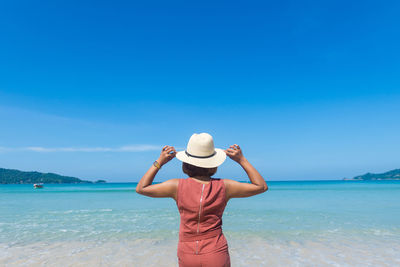 Rear view of man looking at sea against sky