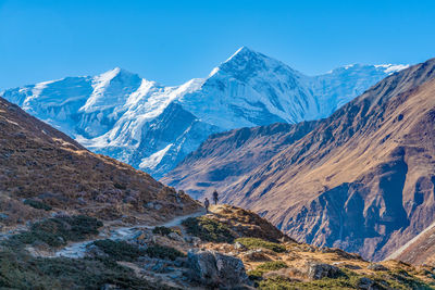 Scenic view of snowcapped mountains against clear sky