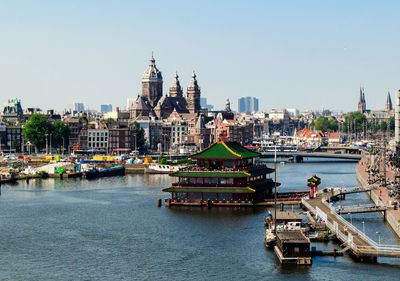 Boats in river against buildings in city