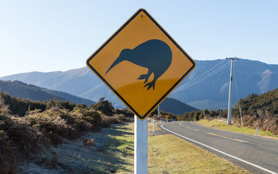 Animal crossing sign at roadside against mountains