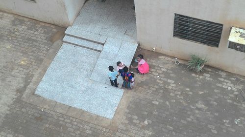 High angle view of people on street