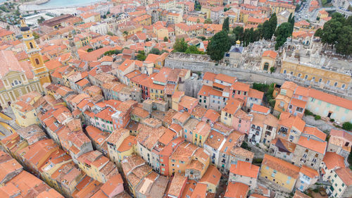 High angle view of buildings in city