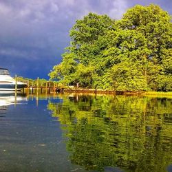 Scenic view of lake against cloudy sky