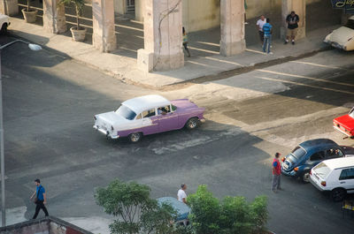 High angle view of people on road