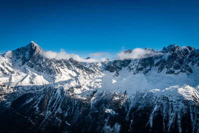 Scenic view of snowcapped mountains against clear blue sky