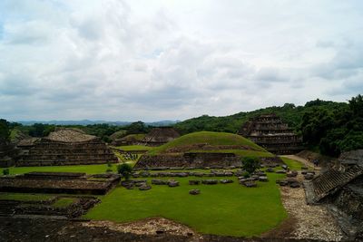 High angle view of temple against cloudy sky