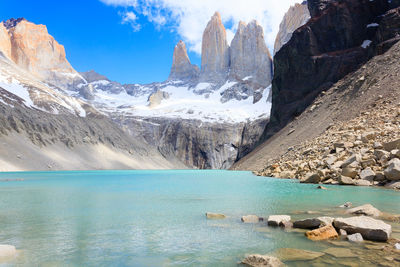 Scenic view of snow covered mountains against sky