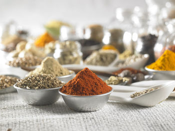 Close-up of various spices on burlap