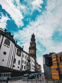 Low angle view of buildings in city against sky