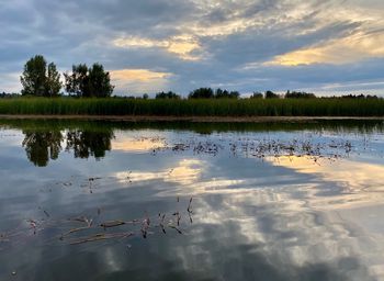 Scenic view of lake against sky during sunset