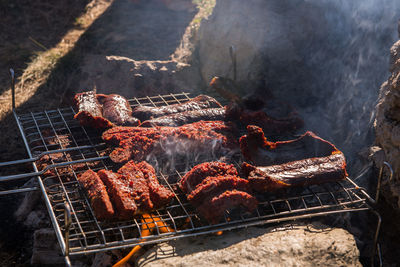 High angle view of barbecue grill