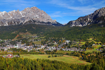 Scenic view of field and mountains against sky