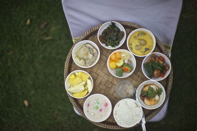 Directly above shot of various food in bowls on plate