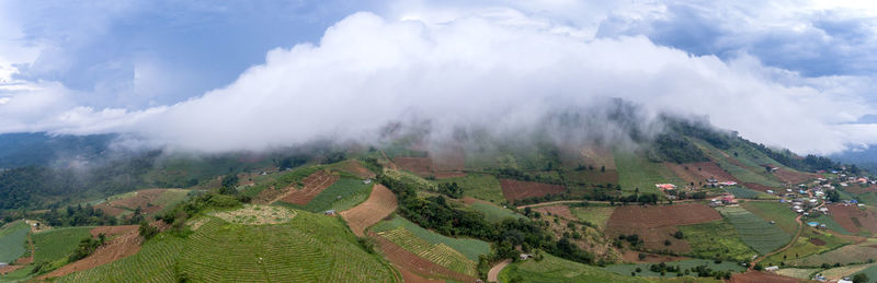 High angle view of agricultural field against sky