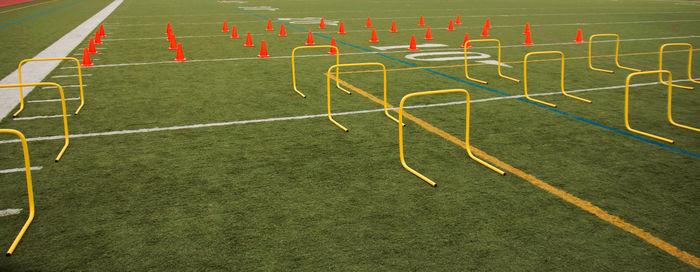 High angle view of soccer field