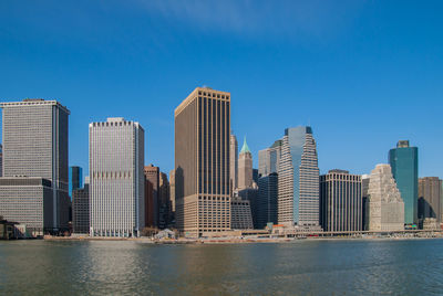 Sea by buildings against clear blue sky